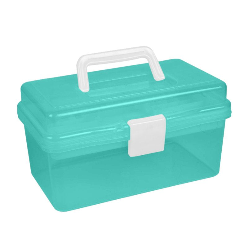 Multipurpose Plastic Art and Craft Storage Container with Removable Tray and Handle, First Aid Box Organizer, Clear and Green