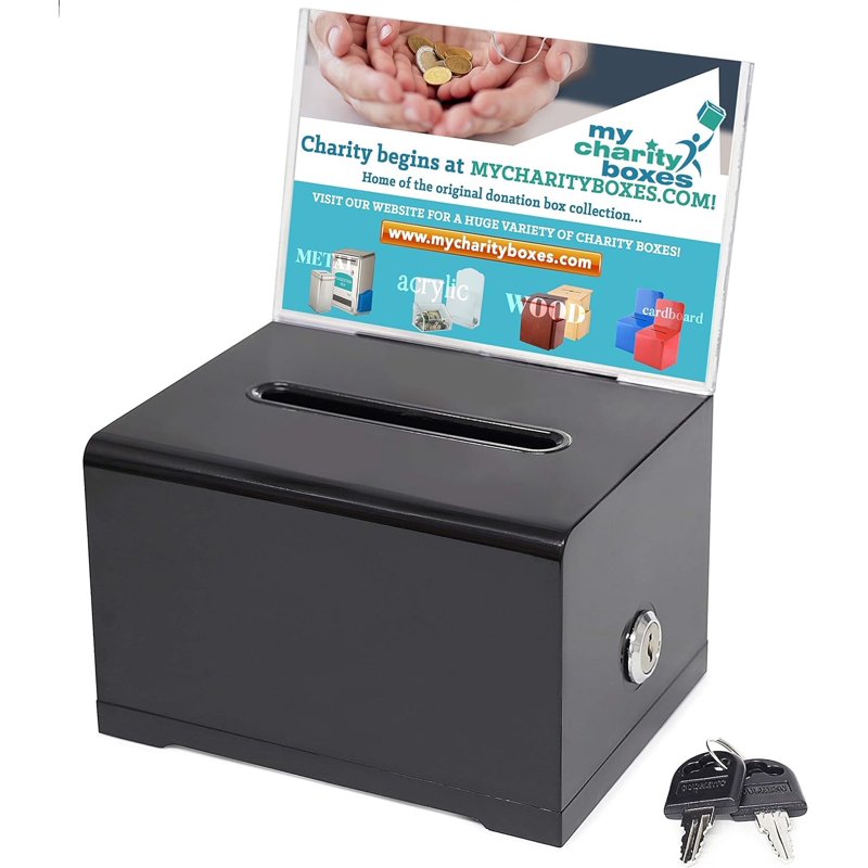 Donation Collection Box with Lock and Keys - Black Acrylic Ballot Box, 6.25 x 4.75 inches