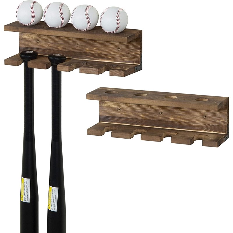 Wall-Mounted Baseball Bat Rack with Ball Storage Shelf - Rustic Burnt Wood