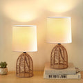 Set of 2 Rattan Boho Table Lamps - Small Farmhouse Nightstand Decor