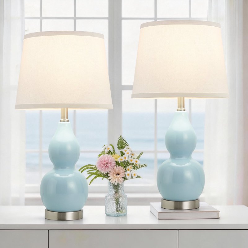 Set of 2 Modern Ceramic Table Lamps for Living Room Bedroom Office Sky Blue