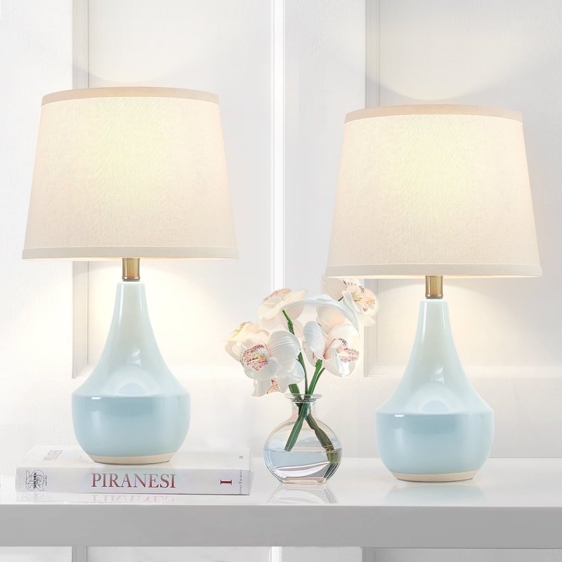 Set of 2 Modern Ceramic Table Lamps with Fabric Shades - Sky Blue, Green, Pink & More