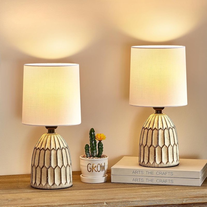 Set of 2 Small Ceramic Table Lamps - Farmhouse Rustic Bedside & Living Room Lighting