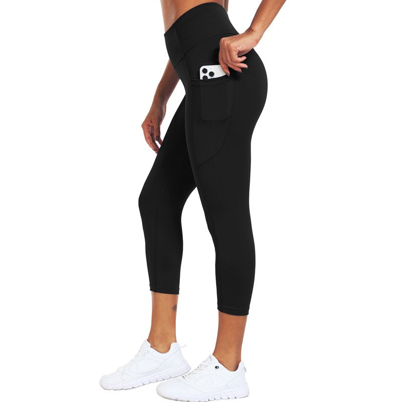 High Waist Yoga Capri Leggings with Pockets for Women - Stretch & Moisture-Wicking, Black, Size L
