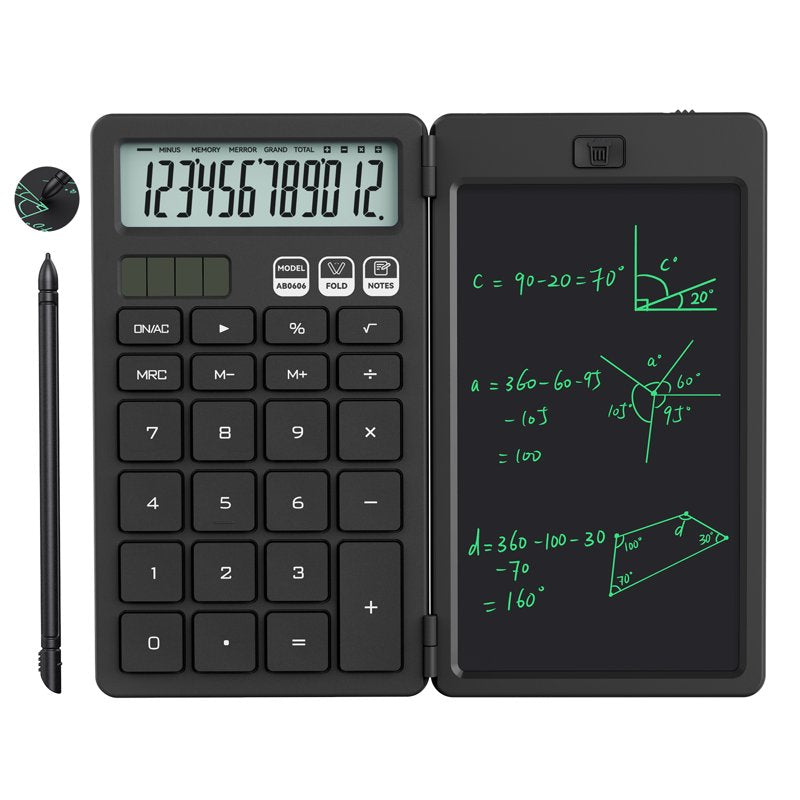 Basic Pocket Calculator with Erasable LCD Notepad for Students, Foldable Portable Design