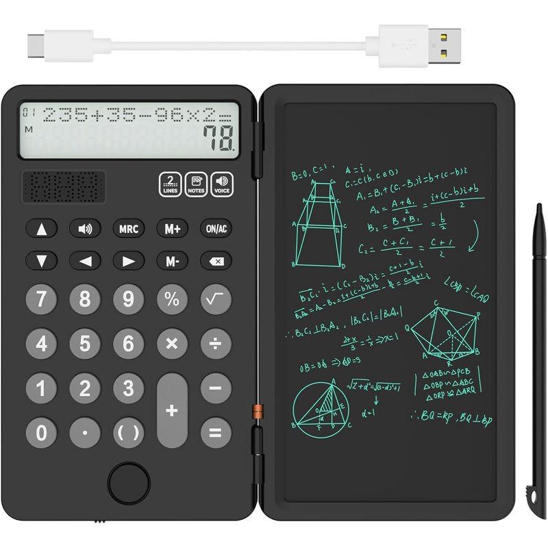 Rechargeable Portable Calculator with Notepad & 12-Digit Display - Black
