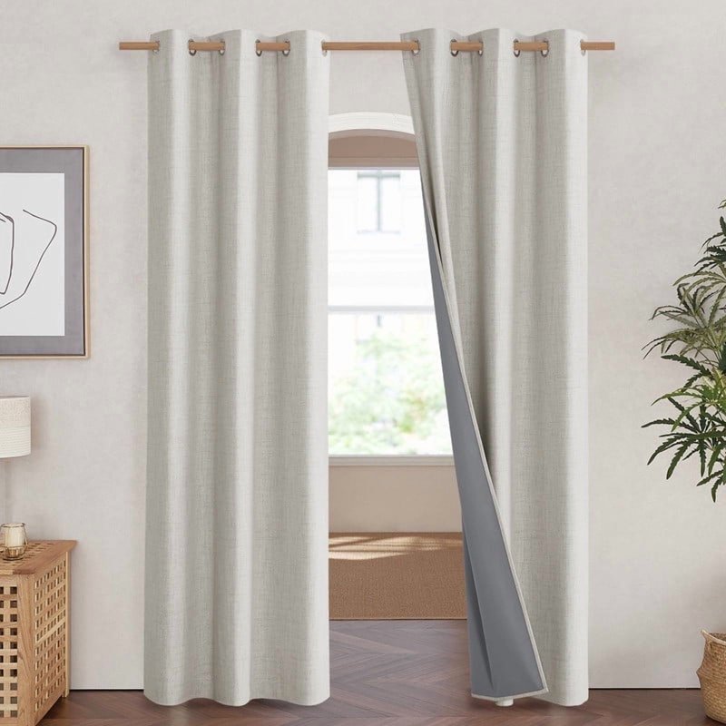 Blackout Linen Curtains for Bedroom Energy Saving Noise Reducing Grommet Drapes