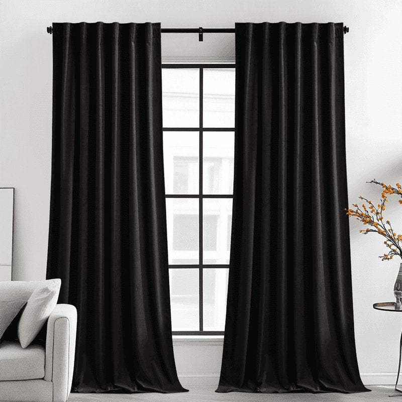 Black Velvet Curtains for Living Room - Thermal Insulated Light Blocking Drapes 52x96