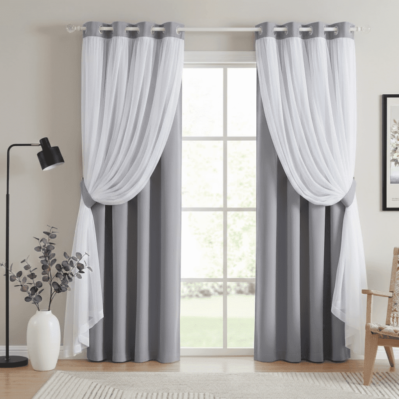 Double Layer Blackout Curtains for Bedroom with Sheer Layer - Thermal Insulation Drapes Set of 2