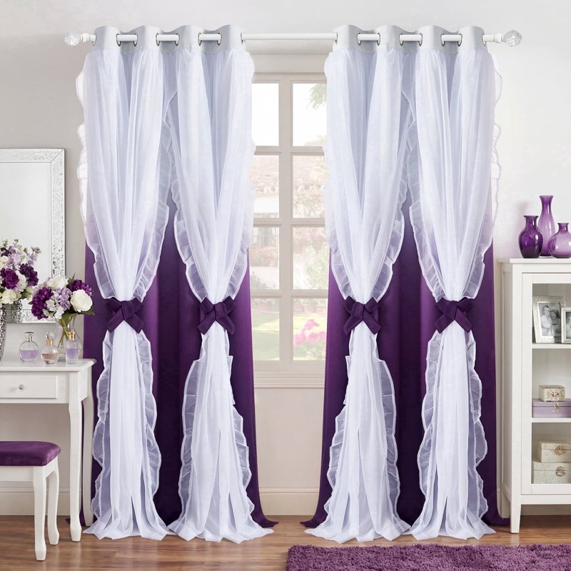 Kids Room Blackout Curtains with Sheer Ruffle Layer - Double Panel Thermal Insulated