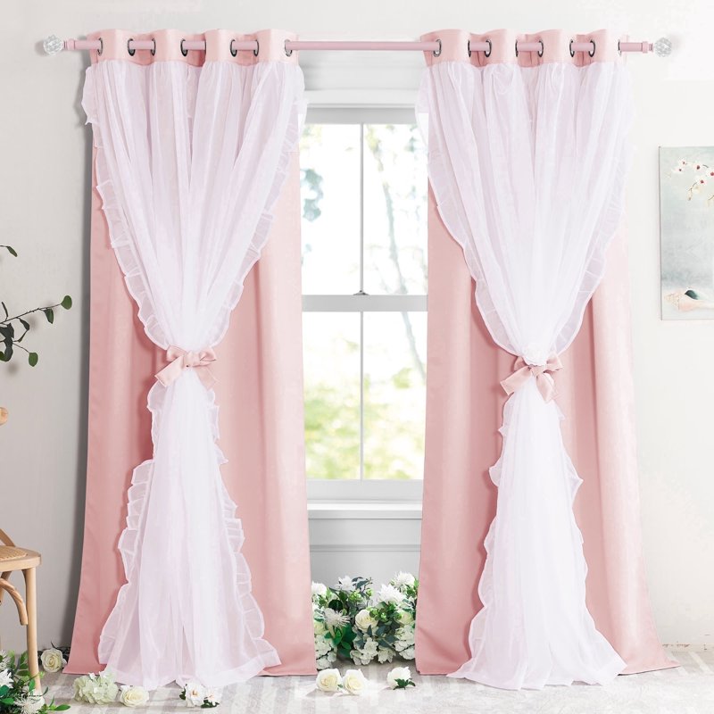 Double Layer Blackout Curtains Set of 2 - Noise Reducing Sheer Drapes for Bedroom & Living Room