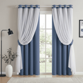 Double Layer Blackout Curtains for Bedroom Solid Ruffle Grommet Window Drapes