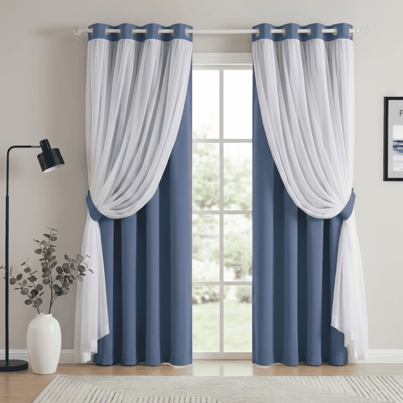 Double Layer Blackout Curtains for Bedroom Solid Ruffle Grommet Window Drapes