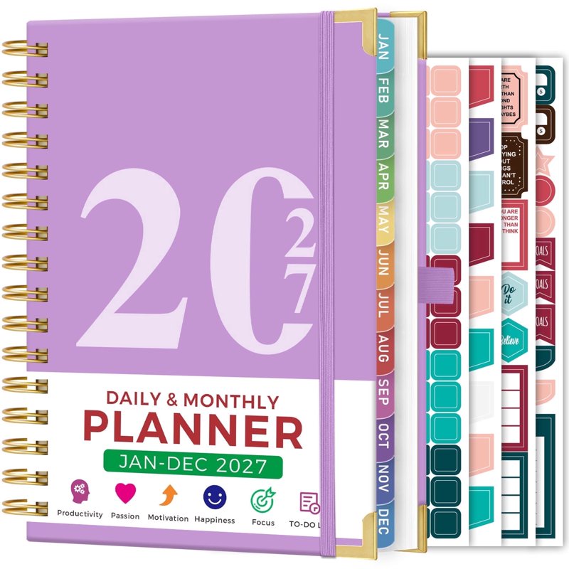 2027 Daily & Monthly Planner with Ruler and Tabs, Spiral Hardcover Calendar Book