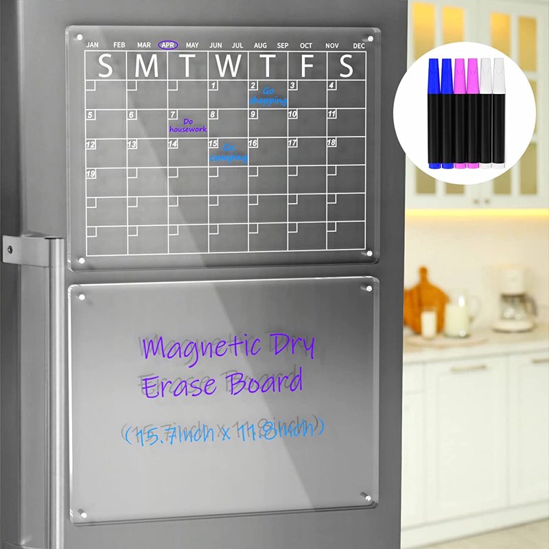Magnetic Acrylic Dry Erase Calendar for Refrigerator - 16x12, Includes Markers
