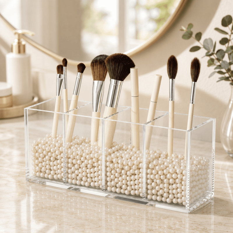 Clear Acrylic Pen Holder with 4 Compartments - Desk Organizer for Office, Makeup & Art Supplies