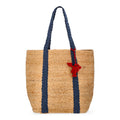 Women's Beach Tote Bag with Jute Material and Tassel - Natural Blue Denim