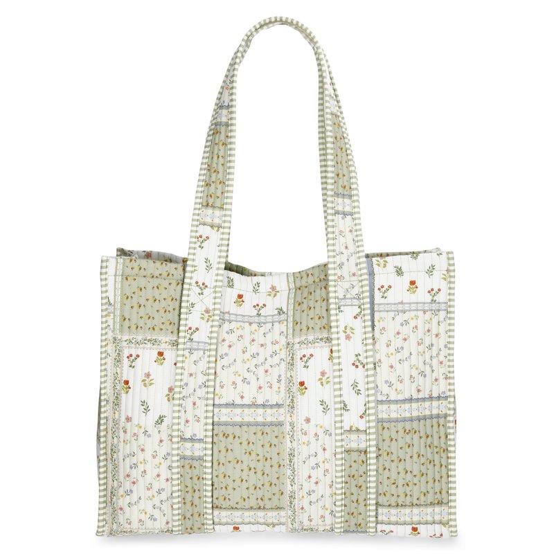 Women's Quilted Tote Bag with Double Shoulder Straps - Green Patchwork