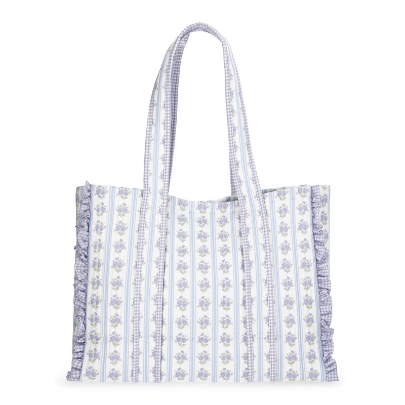 Women's Quilted Tote Bag with Floral Gingham Print - Large Capacity Stylish Handbag