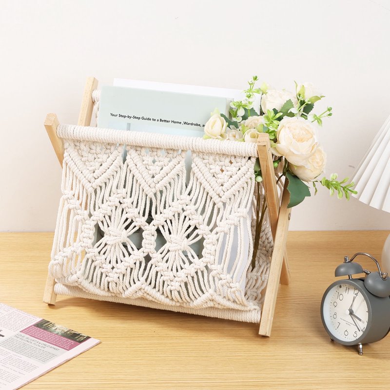 Bohemian Macrame Magazine Rack - Foldable Stand for Living Room Storage