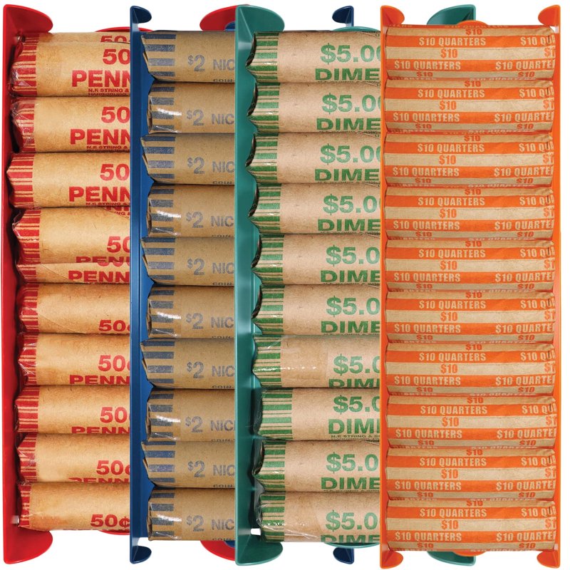 Stackable Coin Trays for Currency Storage - Assorted Denominations, 4 Pack