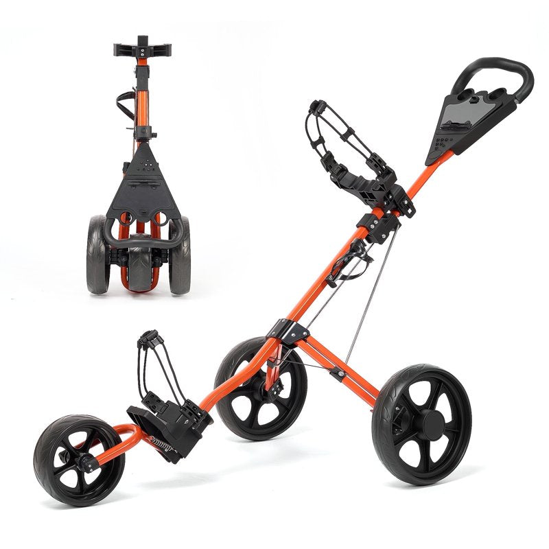 Naipo 3-Wheel Golf Push Cart with Adjustable Handle, Scoreboard & Cup Holder – Orange (Variation: Orange)
