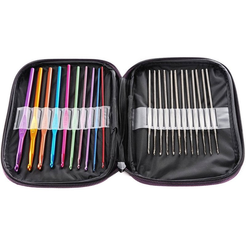 22-Piece Aluminum Crochet Hook Set with Colored & Silver Needles in Purple Case