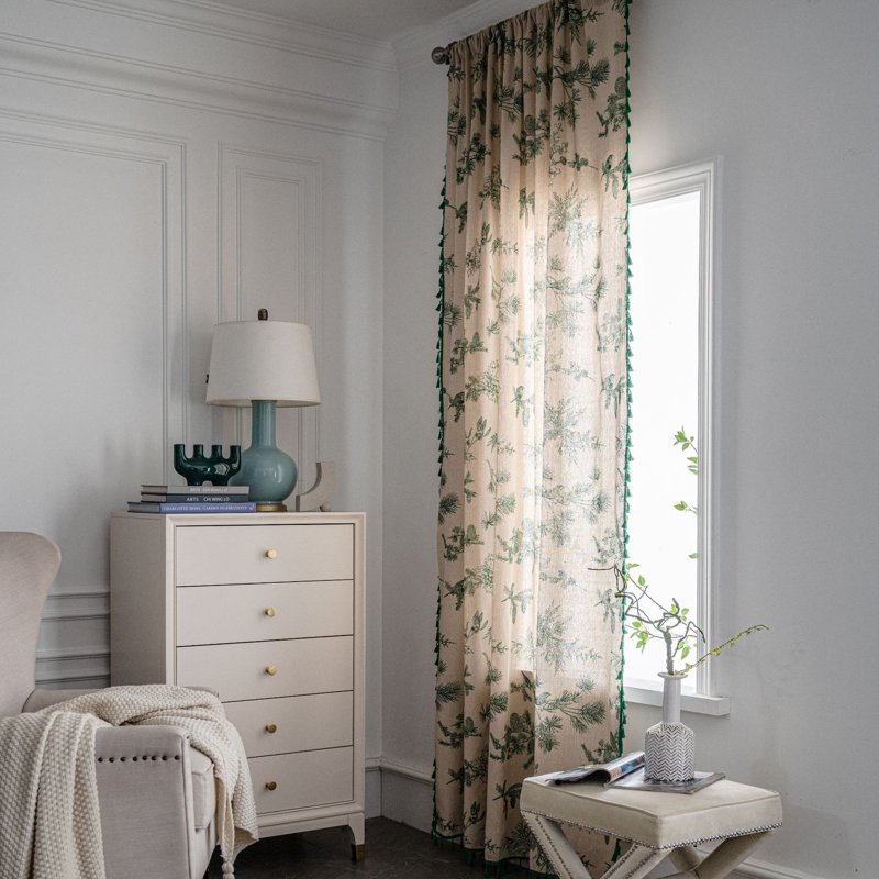 Green Pine Cone Printed Curtain - Semi Blackout Cotton Linen Home Decor