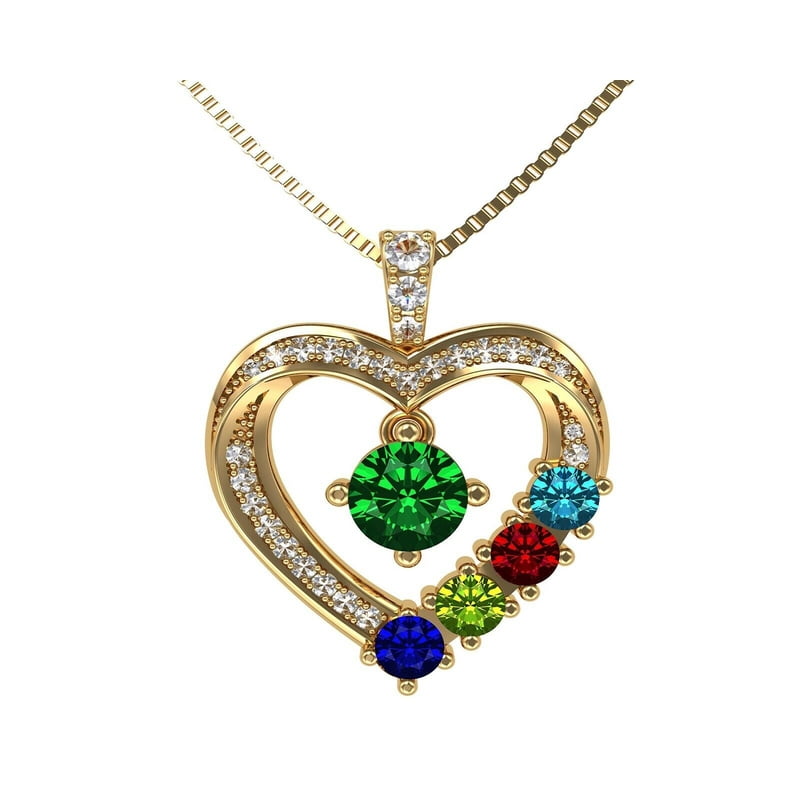 Personalized Heart Birthstone Necklace for Mother & Child - Gold Plated Sterling Silver or 10K Gold