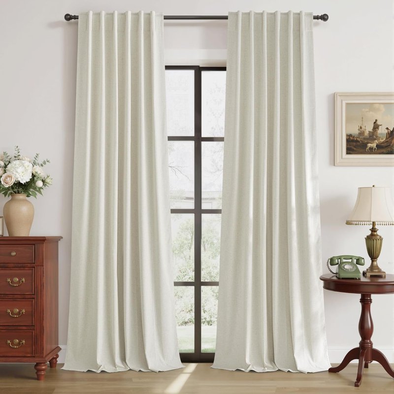 Blackout Linen Blend Curtains 84 Inch Long 2 Panels Set - Thermal Insulated Privacy Drapes for Living Room & Nursery