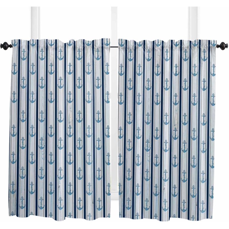 Navy Blue Nautical Short Curtain Panels 54 Inch Rod Pocket Window Treatments - Set of 2