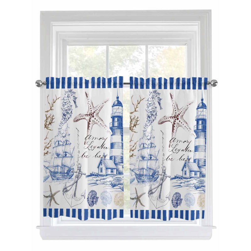 Navy Blue Coastal Tier Curtains - Light-Filtering Window Treatment for Bedroom & Bathroom