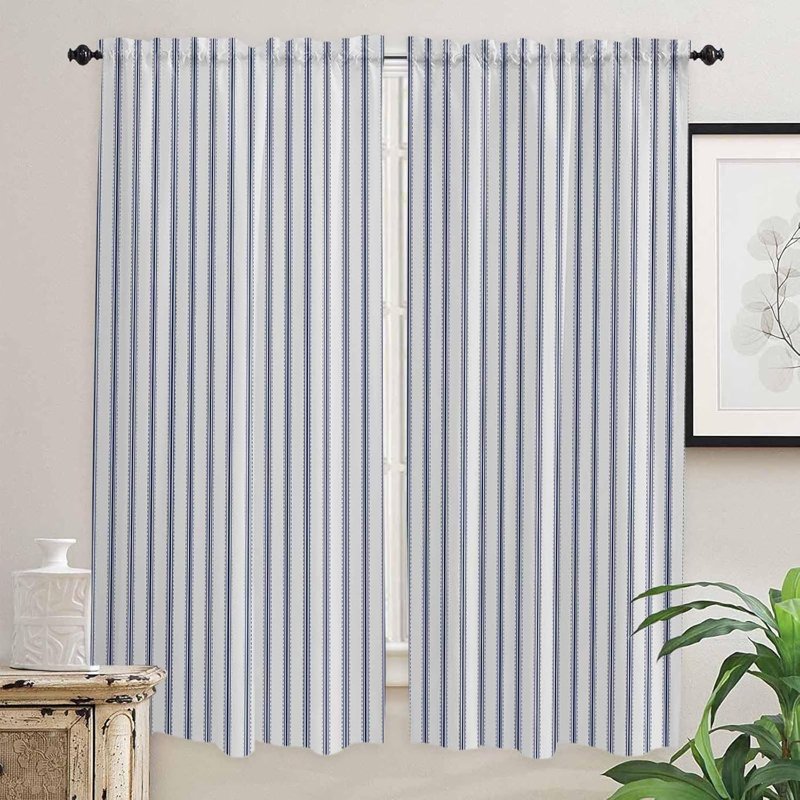 Navy Blue Striped Window Curtains - Farmhouse Style 2 Panels for Kitchen & Living Room