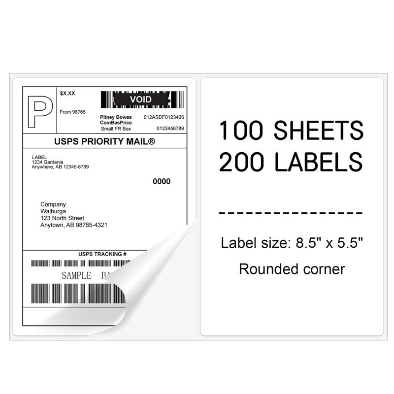 Half Sheet Shipping Labels for Inkjet & Laser Printers - 8.5x5.5 Inches, 200 Labels
