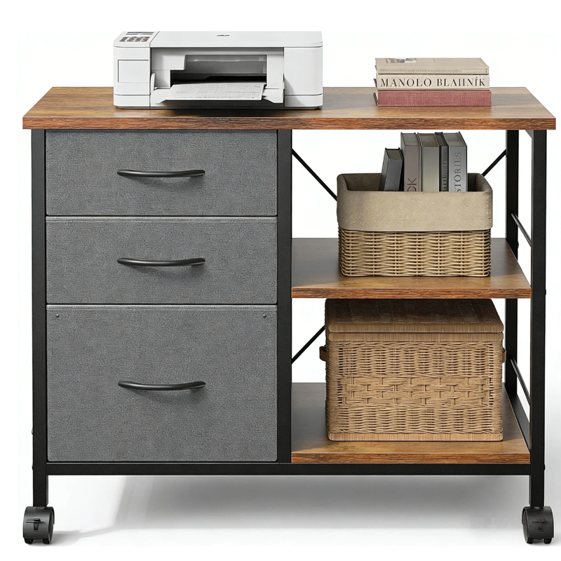 3-Tier Mobile File Cabinet with Drawers & Back Support Bar - Rustic Brown, Black, White