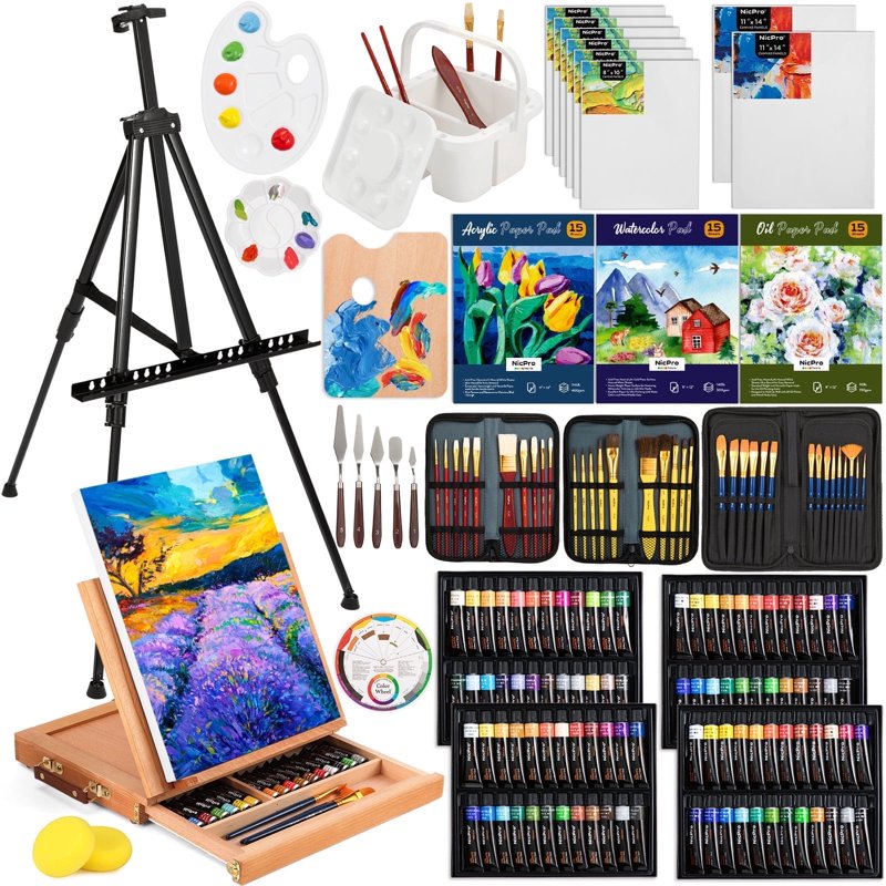 Deluxe Painting Kit with Easels, Paints & Brushes - 158-Piece Art Set for Adults