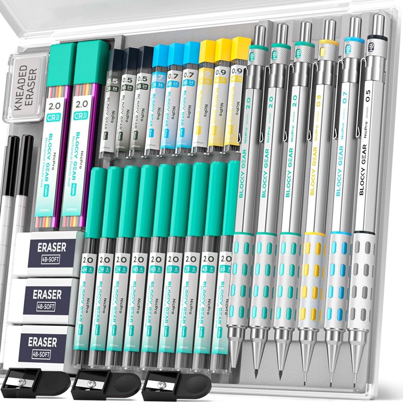 Mechanical Pencils Set with Lead Refills and Case - Art Drafting Supplies