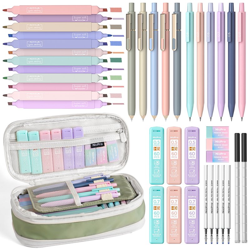 NicPro 39-Piece Stationery Set with Highlighters, Mechanical Pencils, Gel Pens & Pencil Case