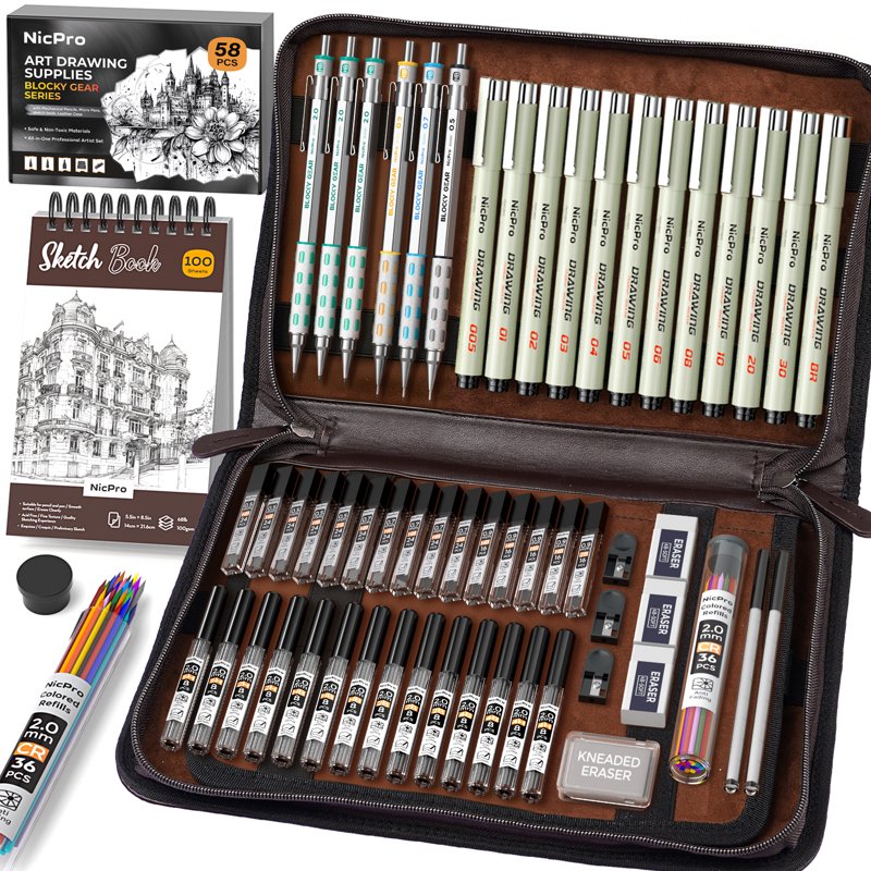 Art Drawing Supplies Kit with Leather Case - Mechanical Pencils, Micron Pens & Sketchbook