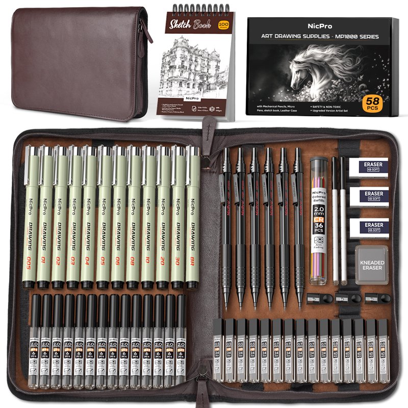 Art Drawing Supplies Kit with Leather Case - Mechanical Pencils, Micron Pens & Sketchbook
