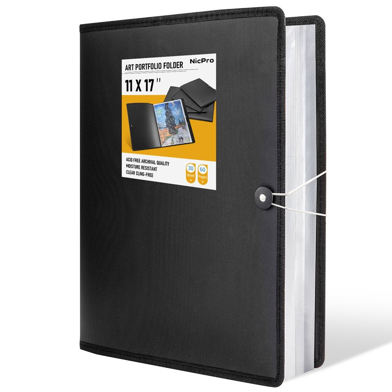 Large Art Portfolio Folder 11x17 with 30 Pockets Waterproof & Durable