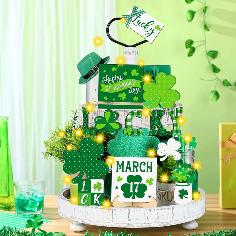 St. Patrick's Day Wooden Tiered Tray Decor - Irish Holiday Tabletop Ornament