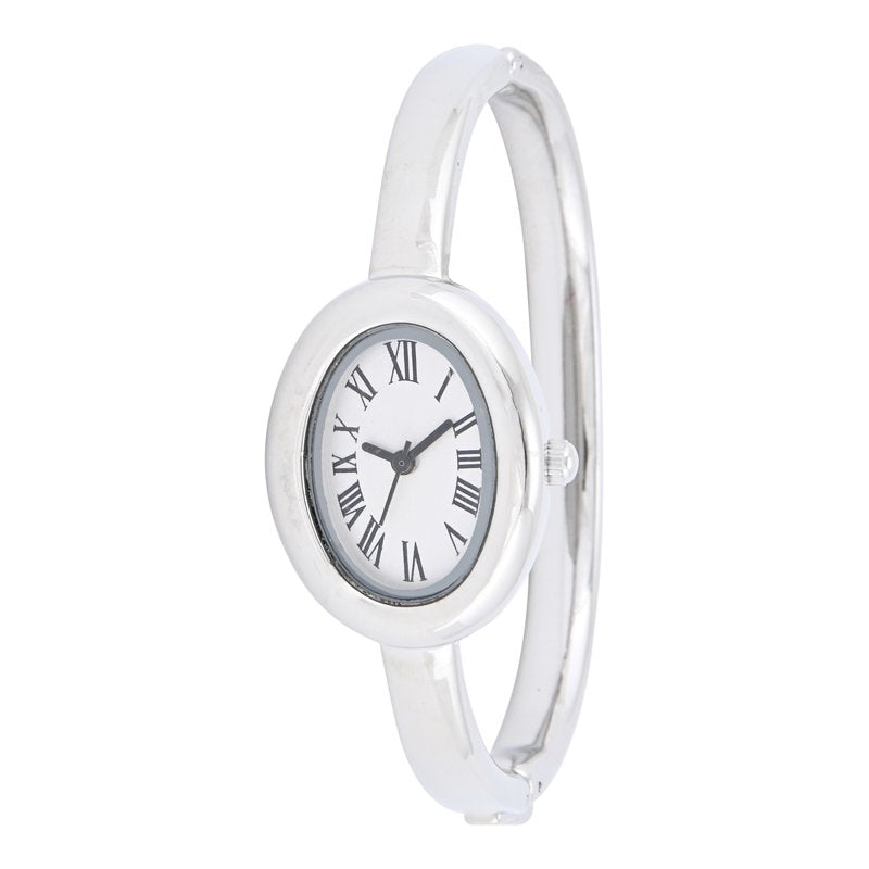 Silvertone Oval Case Watch with Bangle Bracelet for Women