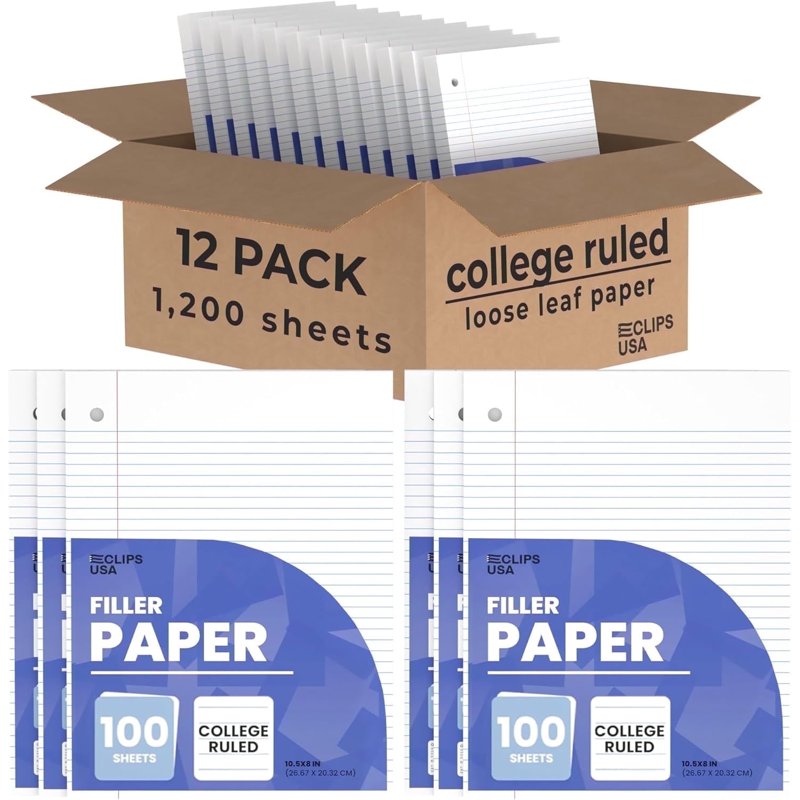 College Ruled Loose Leaf Notebook Paper - 100 Sheets, 12-Pack