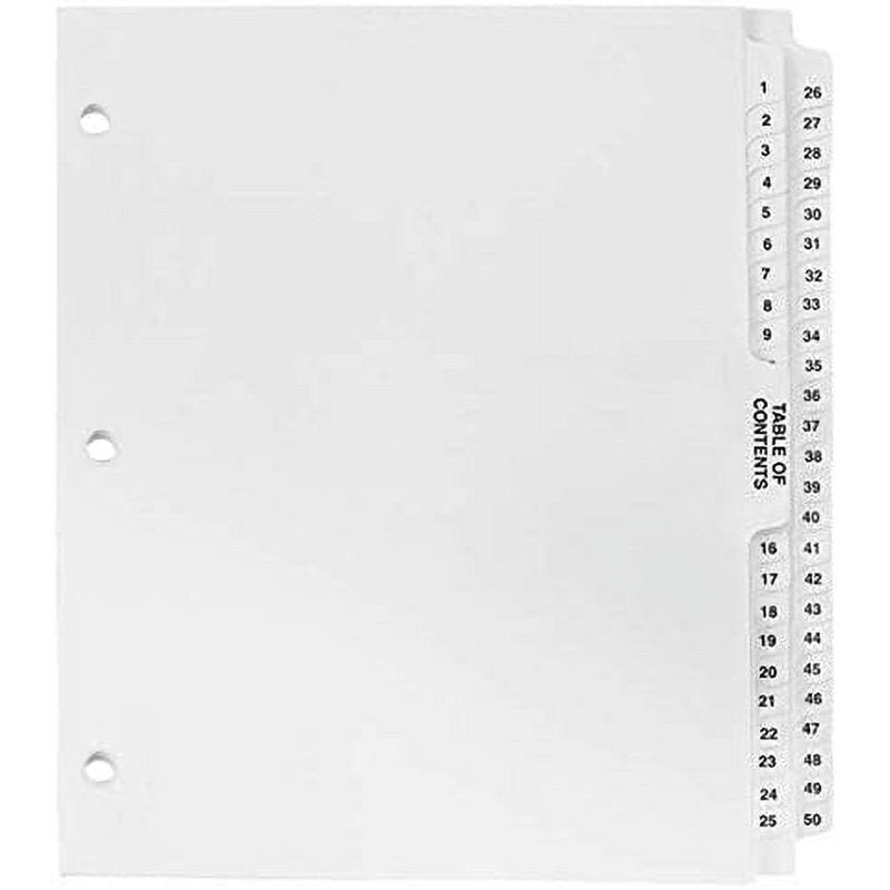 Numbered Divider Tabs 1-50 for Binders - 3 Hole Punched, Laminated