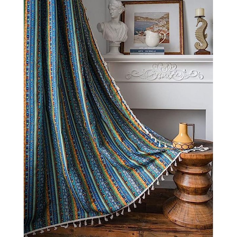 Bohemian Cotton Linen Window Curtain Panel with Lace Rod Pocket - Colorful Patterned Room Darkening Drapes, 59x71 Inches, Green