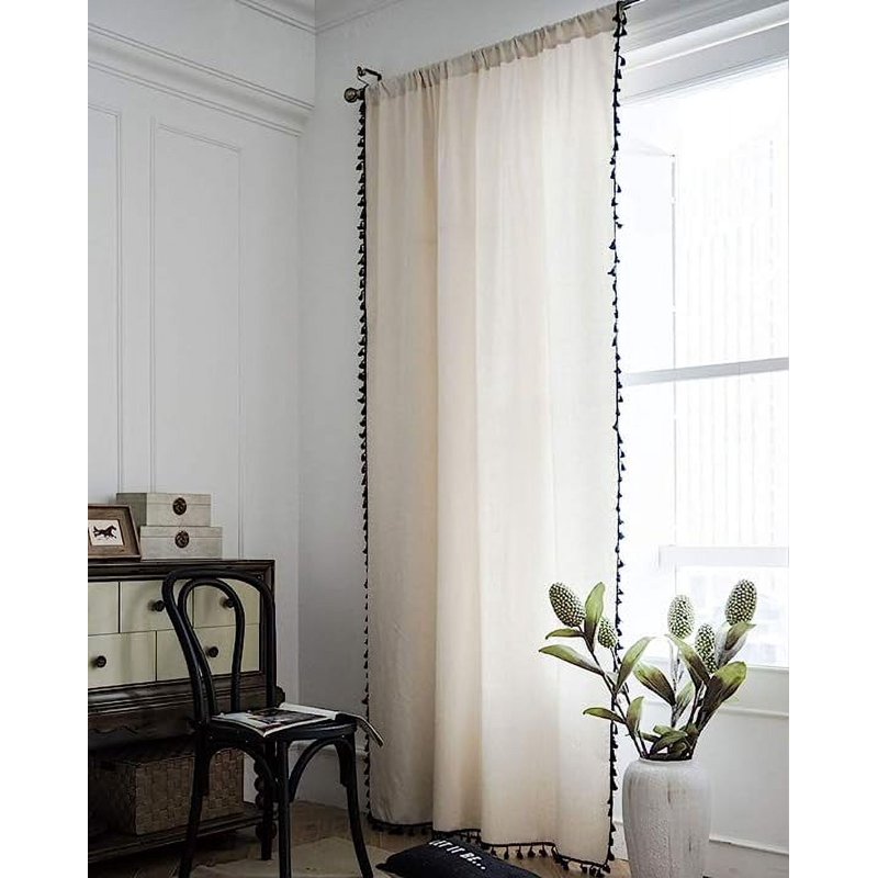 Boho Cotton Linen Window Curtain with Black Tassels - 102 Inch Beige Panel