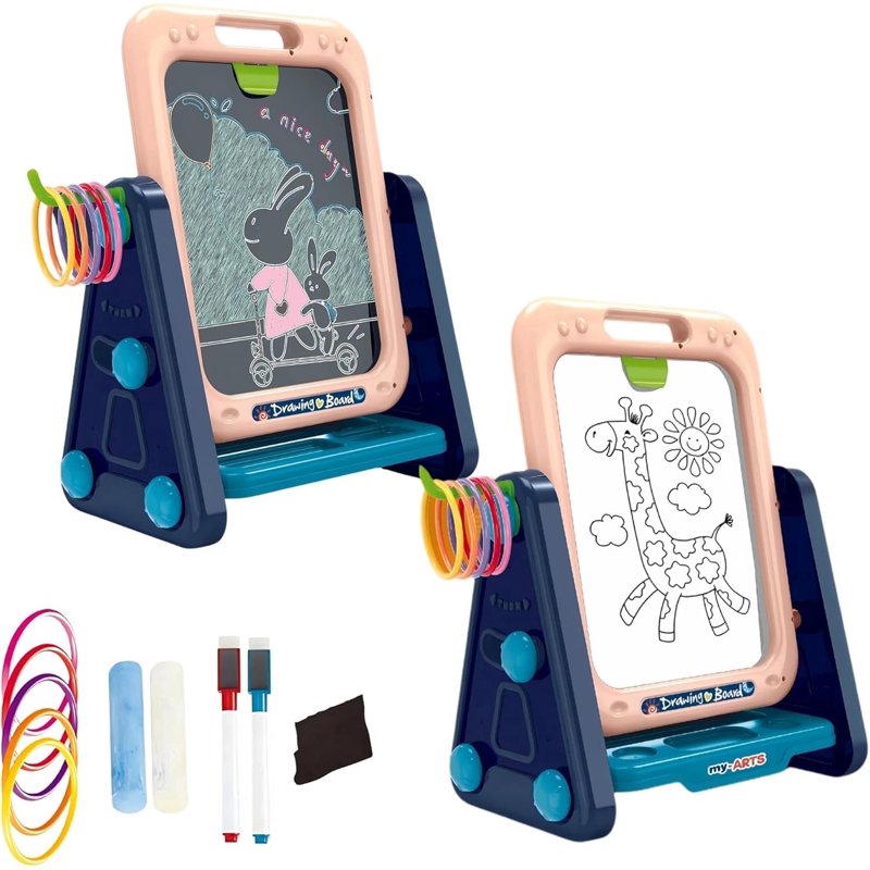 Kids Art Easel 4-in-1 Double Sided Toddler Drawing Whiteboard & Chalkboard with Ring Toss Game
