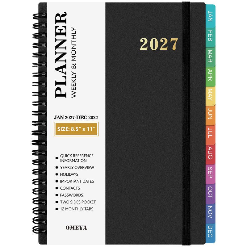 Large 2027 Weekly & Monthly Planner with Tabs & Elastic Closure - 8.5x11in