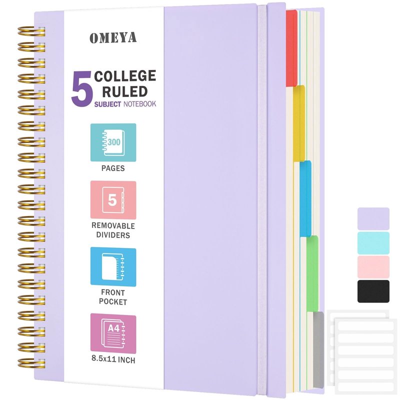 5-Subject Spiral Notebook with Dividers - A4, 300 Pages, Thick 100GSM Paper